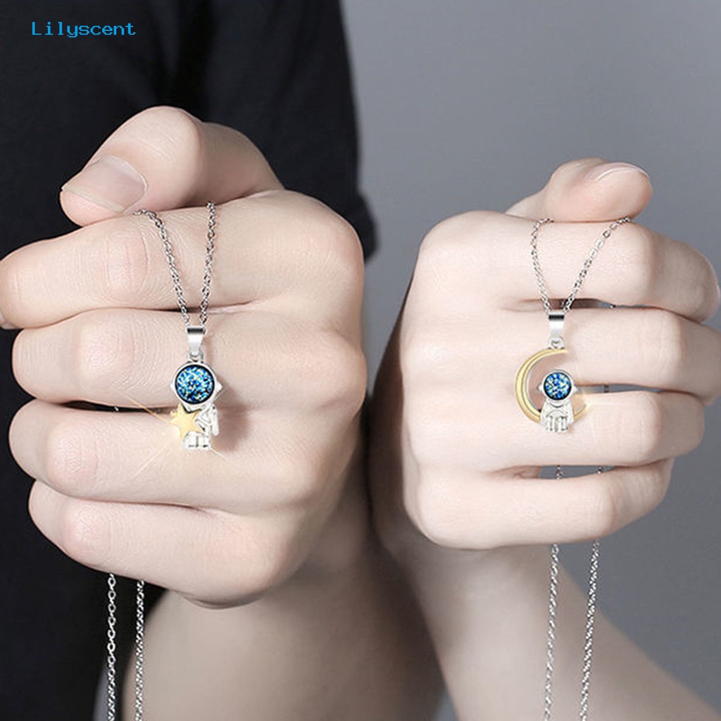 [LS] 2 Pcs O-Chain Adjustable Pasangan Kalung Alloy Ruang Astronot Bulan Liontin Persahabatan Kalung Perhiasan Aksesori