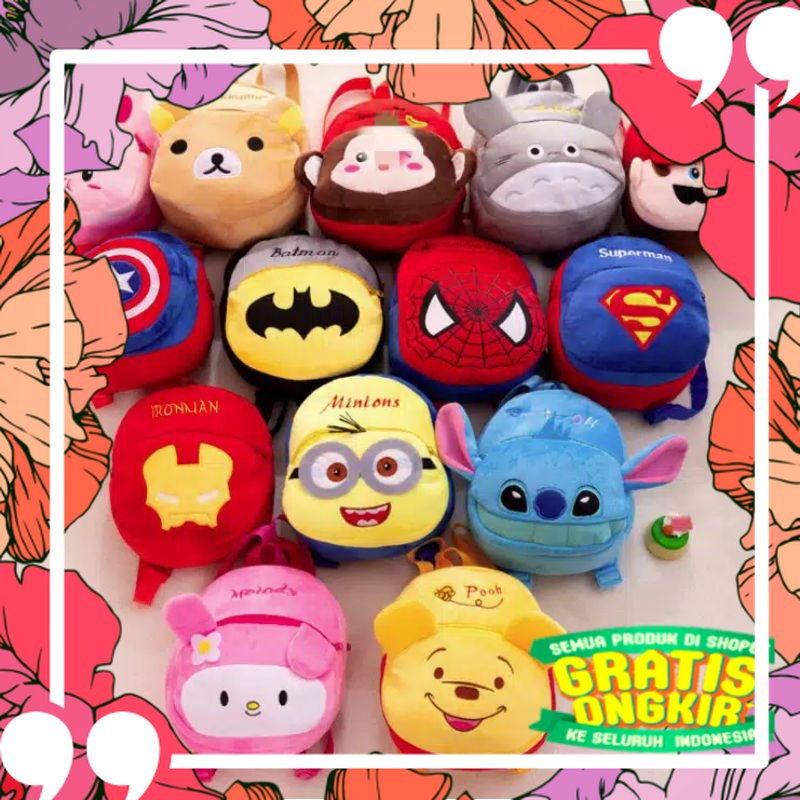 Tas ransel anak usia 1 sampai 3 tahun dengan berbagai karakter kartun lucu berbahan halus dan lembut