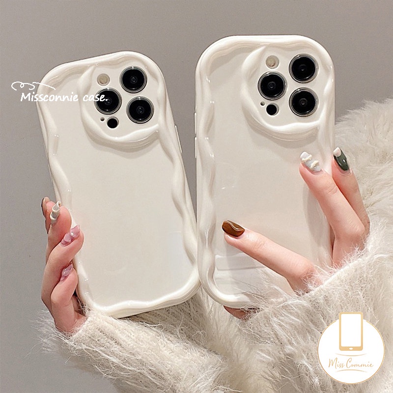 IPHONE Simple Fashion Warna Solid Wavy Edge Stereoscopic Cream Glossy Phone Case Kompatibel Untuk Iphone11Xr 78 Plus 11 12 13 14 Pro MAX X XS MAX Shockproof Soft TPU Back Cover