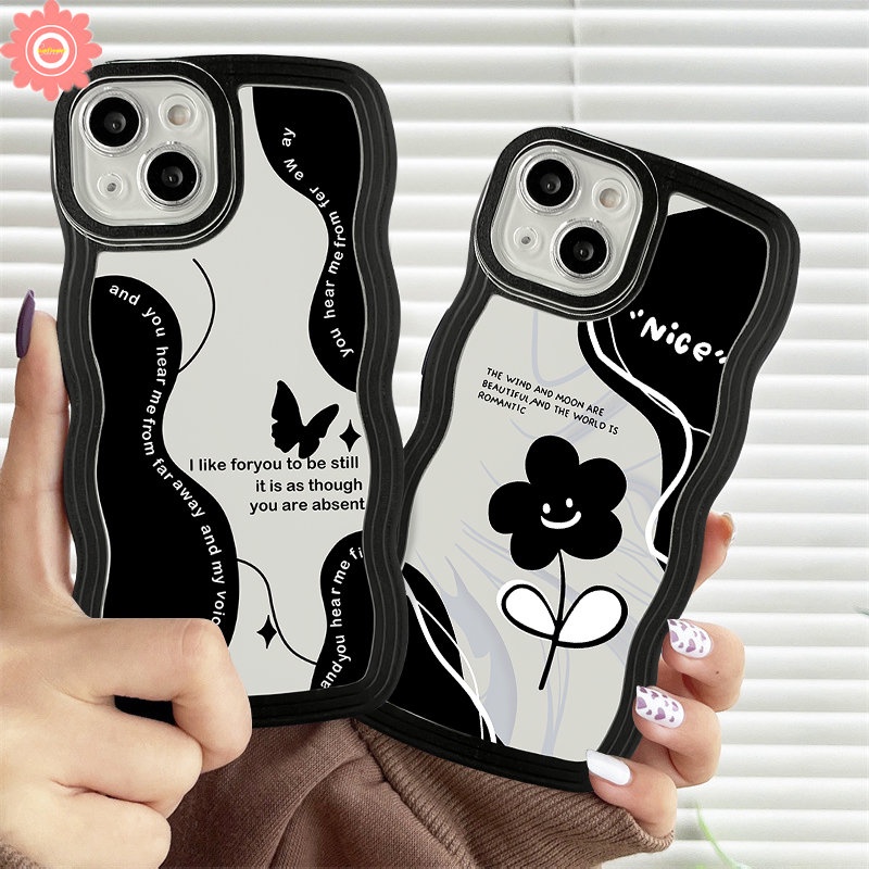 Case Untuk Samsung A04s A14 A13 A50 A12 A20 A50s A02s A03s A31 A04 A23 A32 A04E A22 A30s A21s A52 A51 A33 A1 A52s A53 M22 Hitam Retro Vintage Bunga Kupu-Kupu Lembut Bergelombang Penutup Tepi