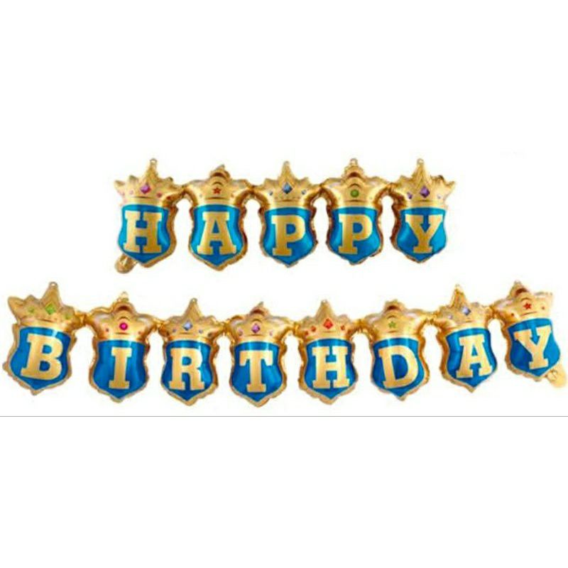 Balon foil set happy birthday mahkota tulisan sambung kombinas queen king crown emas gold warna warn