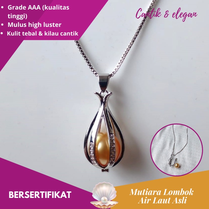 Kalung Liontin Mutiara Air Laut Asli Lombok Gold Grade AAA Bersertifikat  LKML013