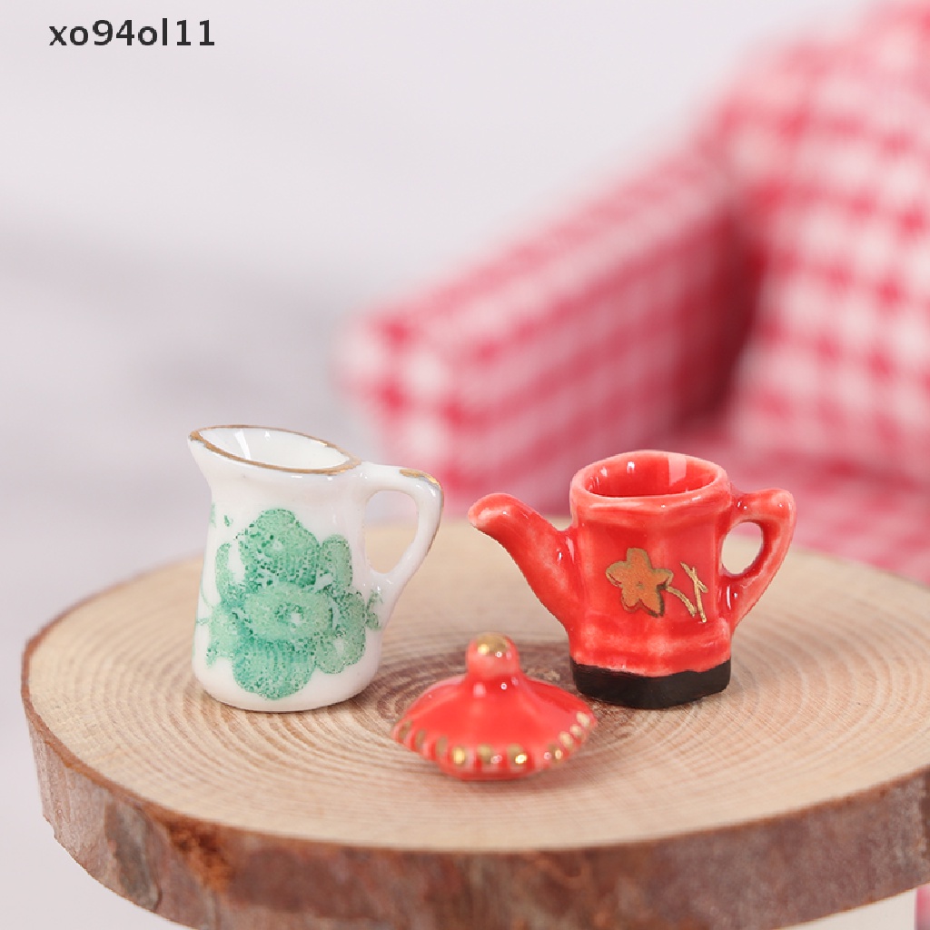 Xo 3pcs/Set Miniatur Rumah Boneka Teko Motif Bunga+Jam Set Furniture Dapur OL