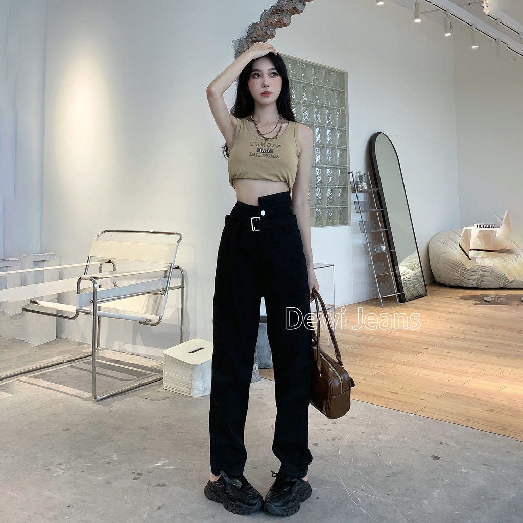 BISA COD J38 Jeans Celana Kulot Hitam Highwaist Jeans Wanita Budidaya Boyfriend