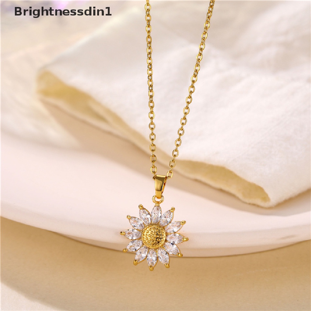 [Brightnessdin1] Fashion Baru Bunga Matahari Klavikula Kalung Choker Untuk Wanita Lucu Daun Bulu Bersinar Kristal Kalung Tetesan Air Liontin Perhiasan Butik