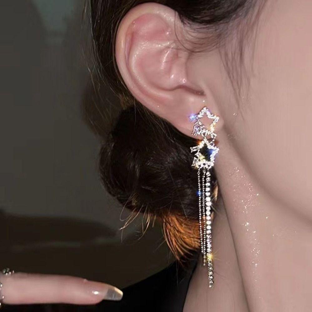 Mxbeauty Anting Gantung Wanita Elegan Geometris Mewah Bintang Rumbai Geometris Kristal Fashion Perhiasan