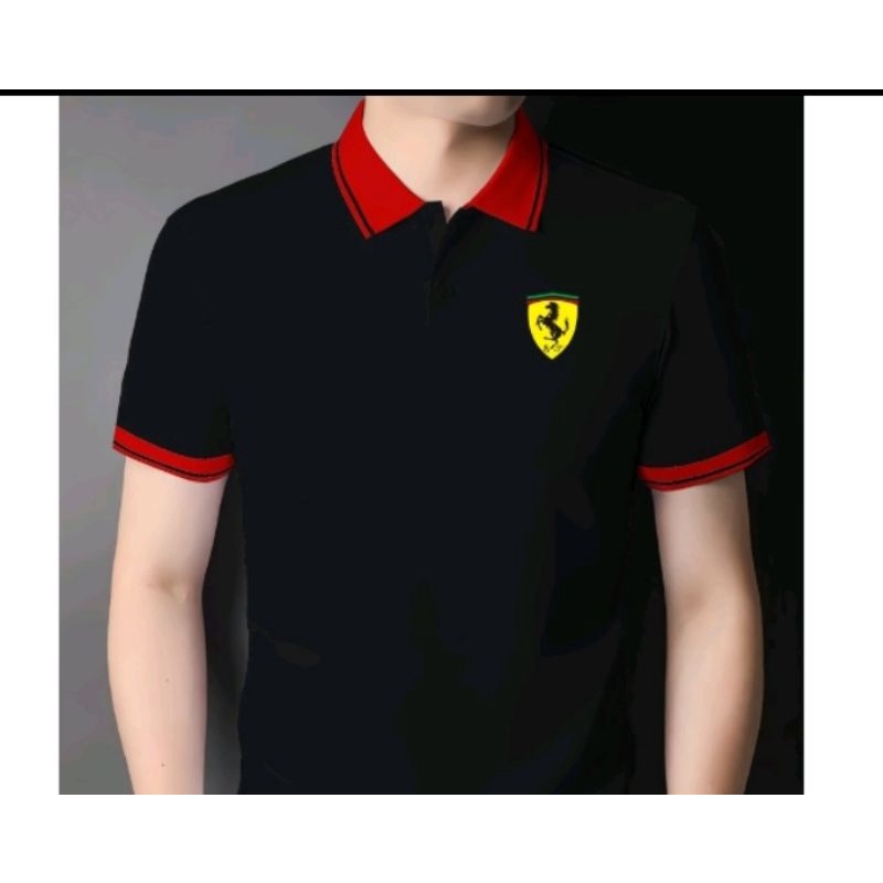 Kaos Kerah Kombi Logo Ferrari Kuning / Kaos Pria Logo Ferrari Kuning / Polo Shirt Kerah Kombinasi