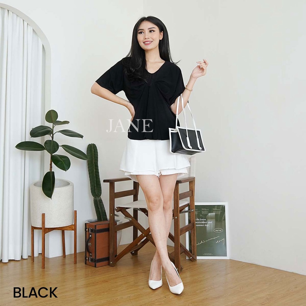 Atasan Wanita Putih Lengan Pendek Bahan Katun Dingin V Neck Korea Polos Warna Hitam Kasual - Blouse Faina