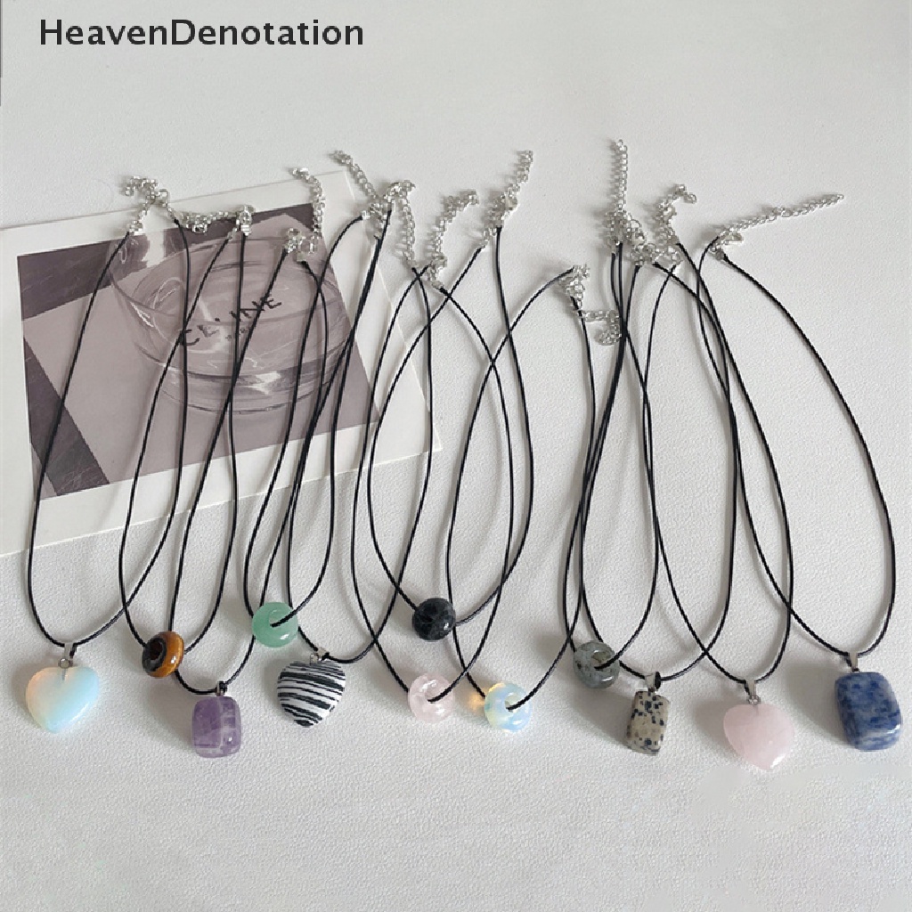 [HeavenDenotation] Kalung Liontin Batu Vintage Sederhana Bergaya Square Peach Heart Necklace Tali Hitam Rantai Klavikula Untuk Wanita Pria Perhiasan HDV