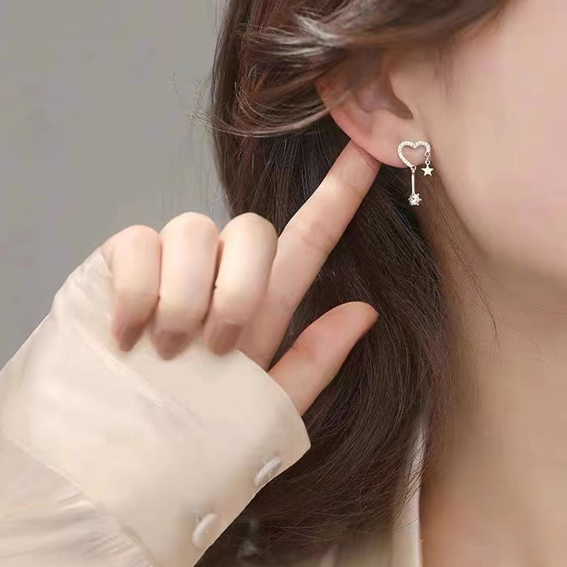 Papaozhu Elegan S925 Perak Bersinar Zirkon Hati Bintang Stud Anting-Anting Untuk Gadis Wanita Korea Berkilau Peach Jantung Anting-Anting Temperamen Telinga Ornamen