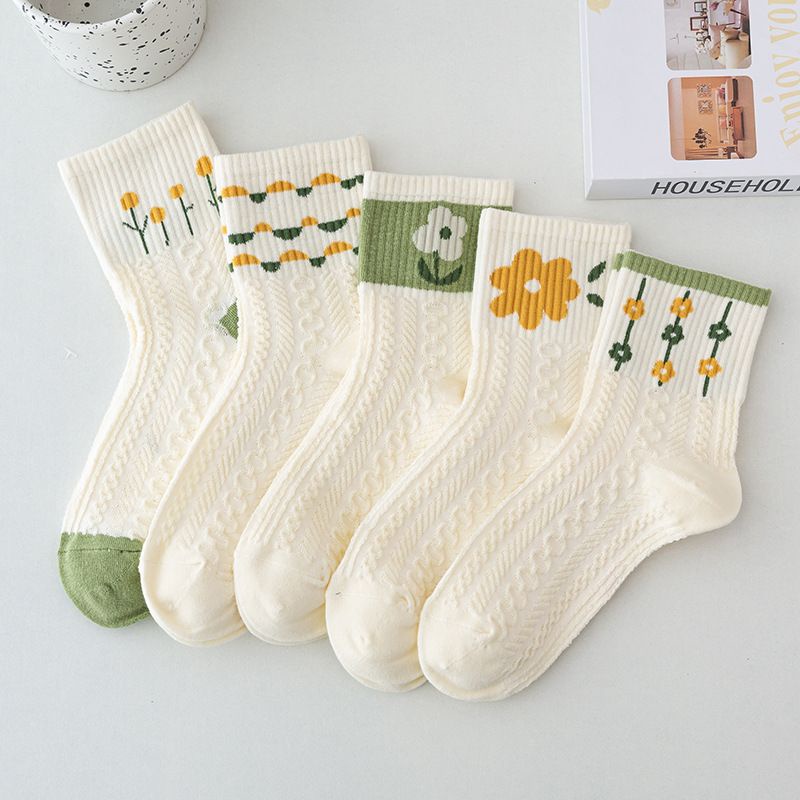 [littlecrab] Kaos Kaki Knit Hijau Bunga Daun Base Putih Cream Import Sock High Quality Cute Soft Green Korean Style