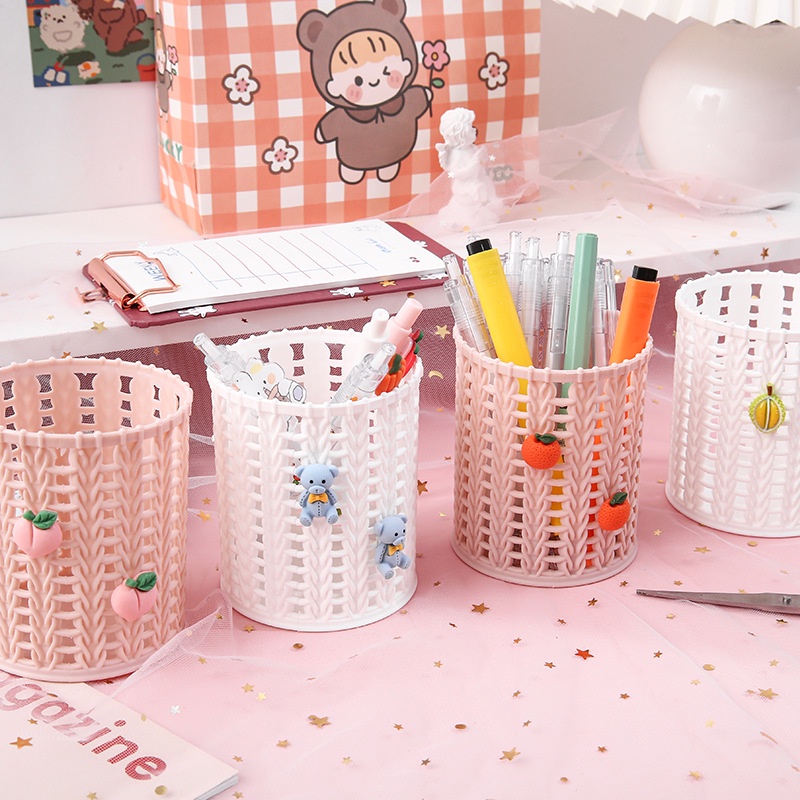 Kreatif Rotan Tempat Pulpen Indah Kartun Siswa Alat Tulis Serba Serbi Meja Makeup Brush Storage Bucket