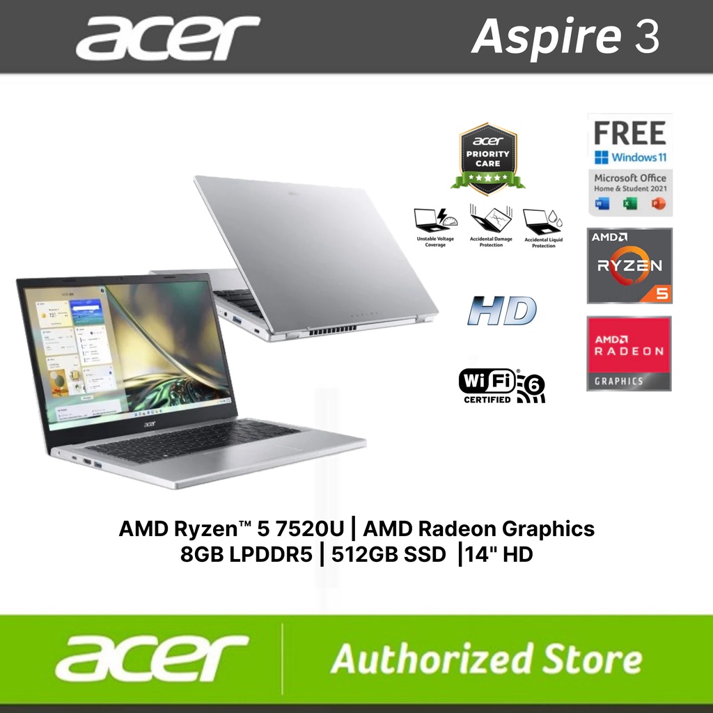 ACER Aspire 3 A314-23M Ryzen 5-7520U 8GB SSD 512GB Radeon 610M 14&quot; W11 OHS