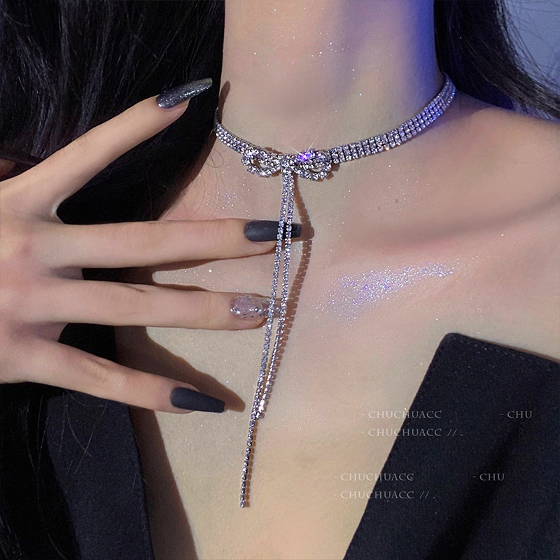 Kalung Choker Silver Zircon Mewah Elegant Bow Tassel Necklaces Untuk Aksesoris Perhiasan Wanita