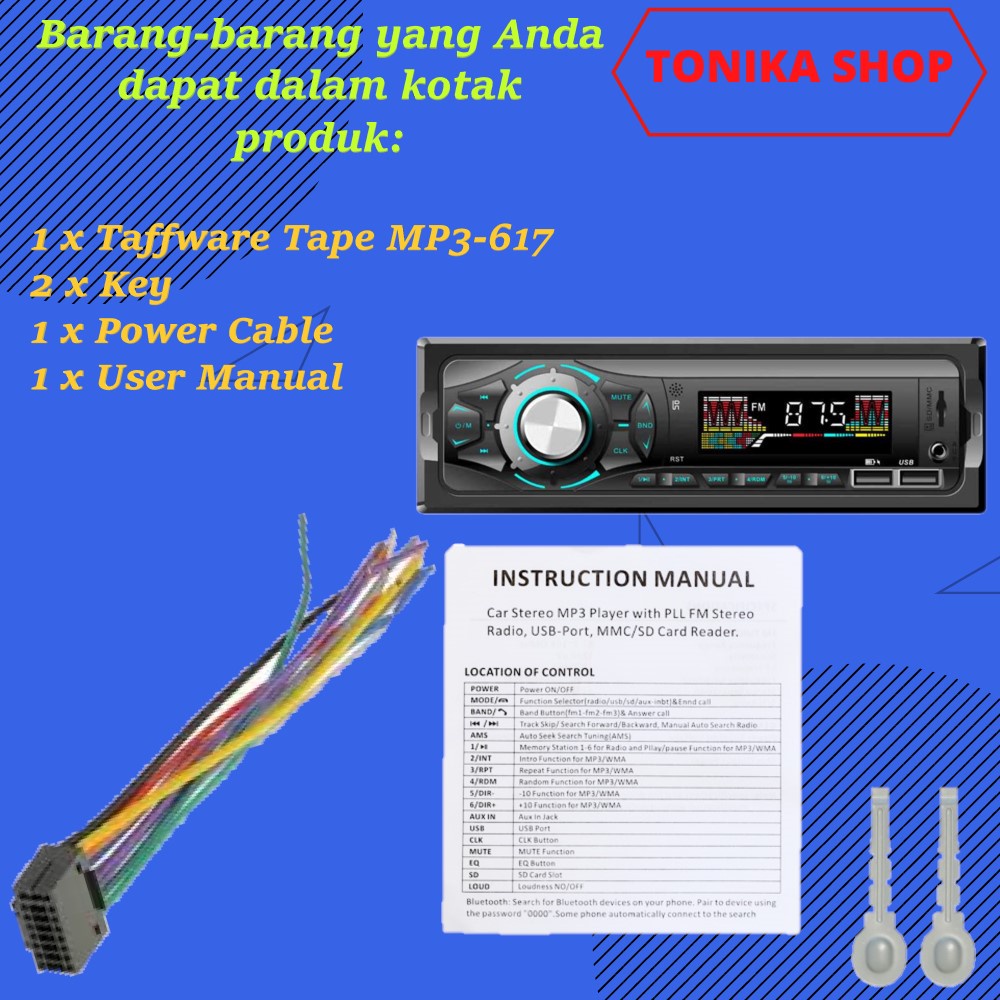 Tape Mobil tip Audio tipe head unit single din MP3 Player Bluetooth receiver power Radio USB murah