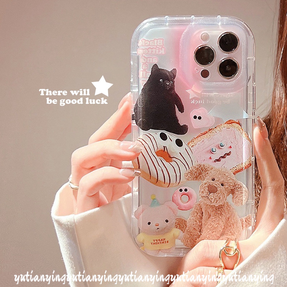 IPHONE  Ins Hewan Lucu Stiker Ponsel Case Kompatibel Untuk Iphone6 6S 7 8 Plus XR 11 13 14 12 Pro Max X XS MAXCartoon Boneka Beruang Anjing Kucing Transparan Airbag Shockproof Lembut TPU Penutup Belakang