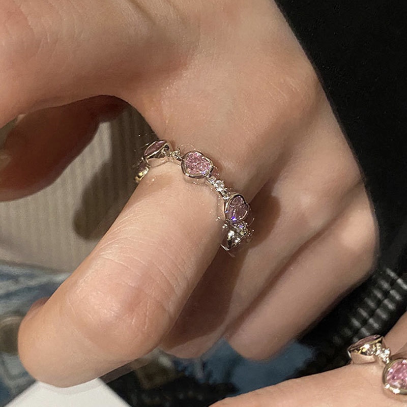 Anti Karat Warna pink Berlian Cinta Hati Cincin Baja titanium Wanita Pasangan Korea Hadiah Cincin Terbuka