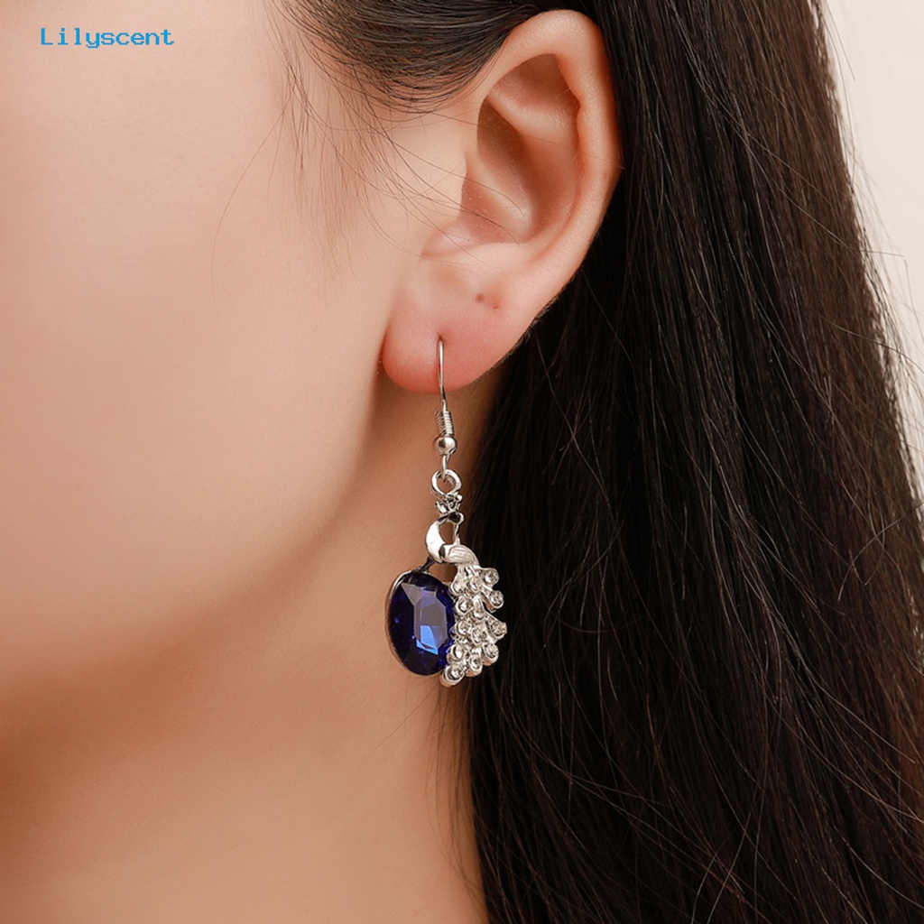 [LS] 2pcs/set Kalung Anting Set Biru Kristal Imitasi Kepribadian Glitter Indah Bentuk Merak Hias Berlian Imitasi Liontin Anting Kalung Perhiasan Aksesori