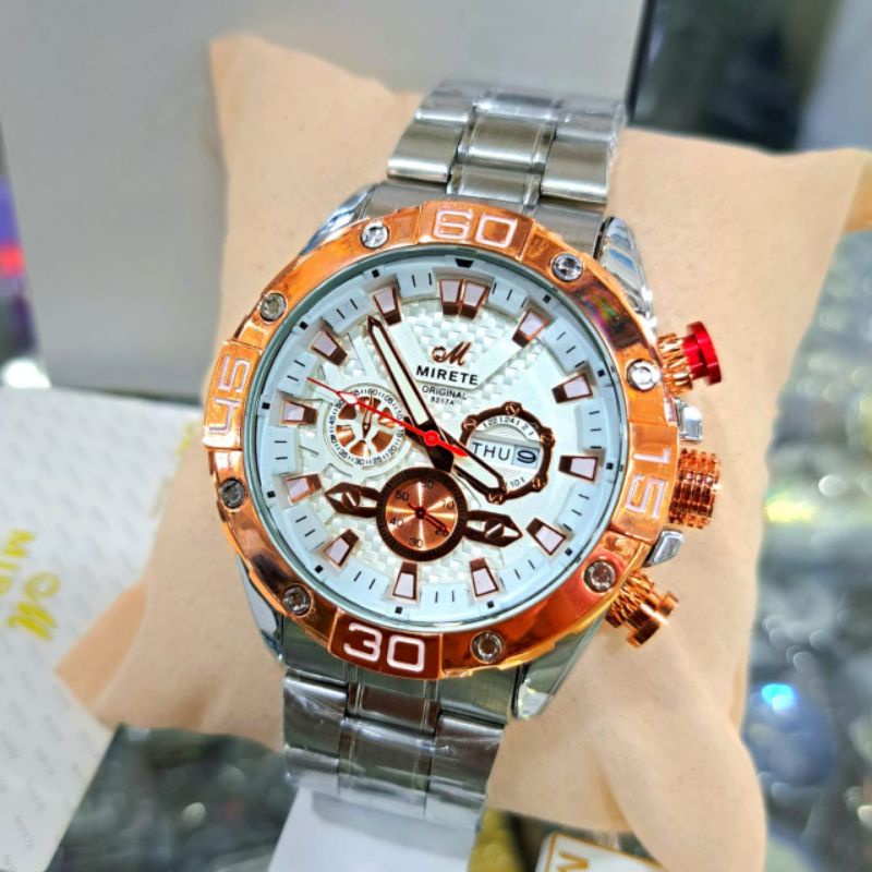 Jam Tangan Pria Mirete Model Terbaru Import Strap Rantai STAINLEES Steel || Tanggal Hari Aktif Free Box Exklusive || Water Resistance Analog Quart || Jam Tangan Pria Mirete Terlaris Dan Termurah Kekinian || Jam Tangan Fashion Pria Kasual COD