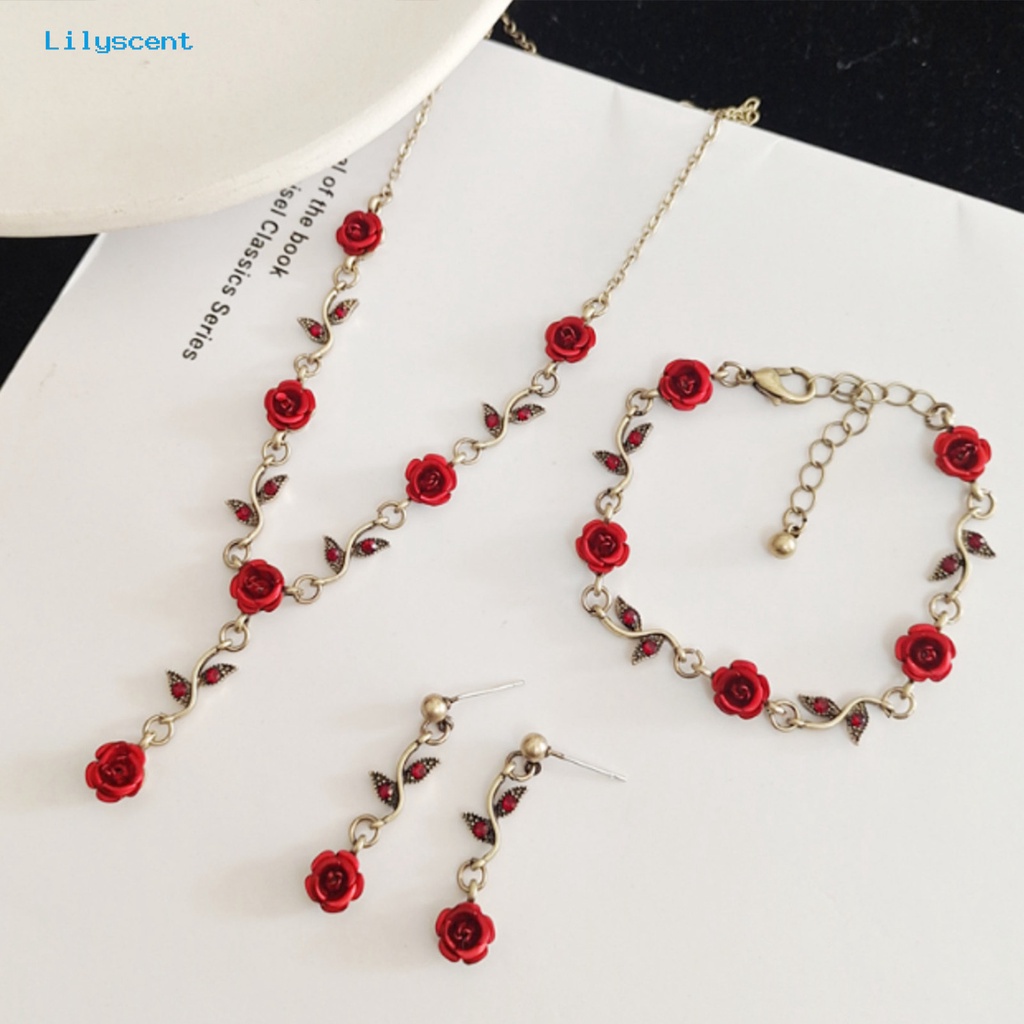 [LS] 1set Wanita Rose Kalung Gaya Perancis Retro Elegan Rantai Emas Peri Hadiah Adjustable Bunga Merah Gelang Stud Anting Kit Perhiasan Aksesoris