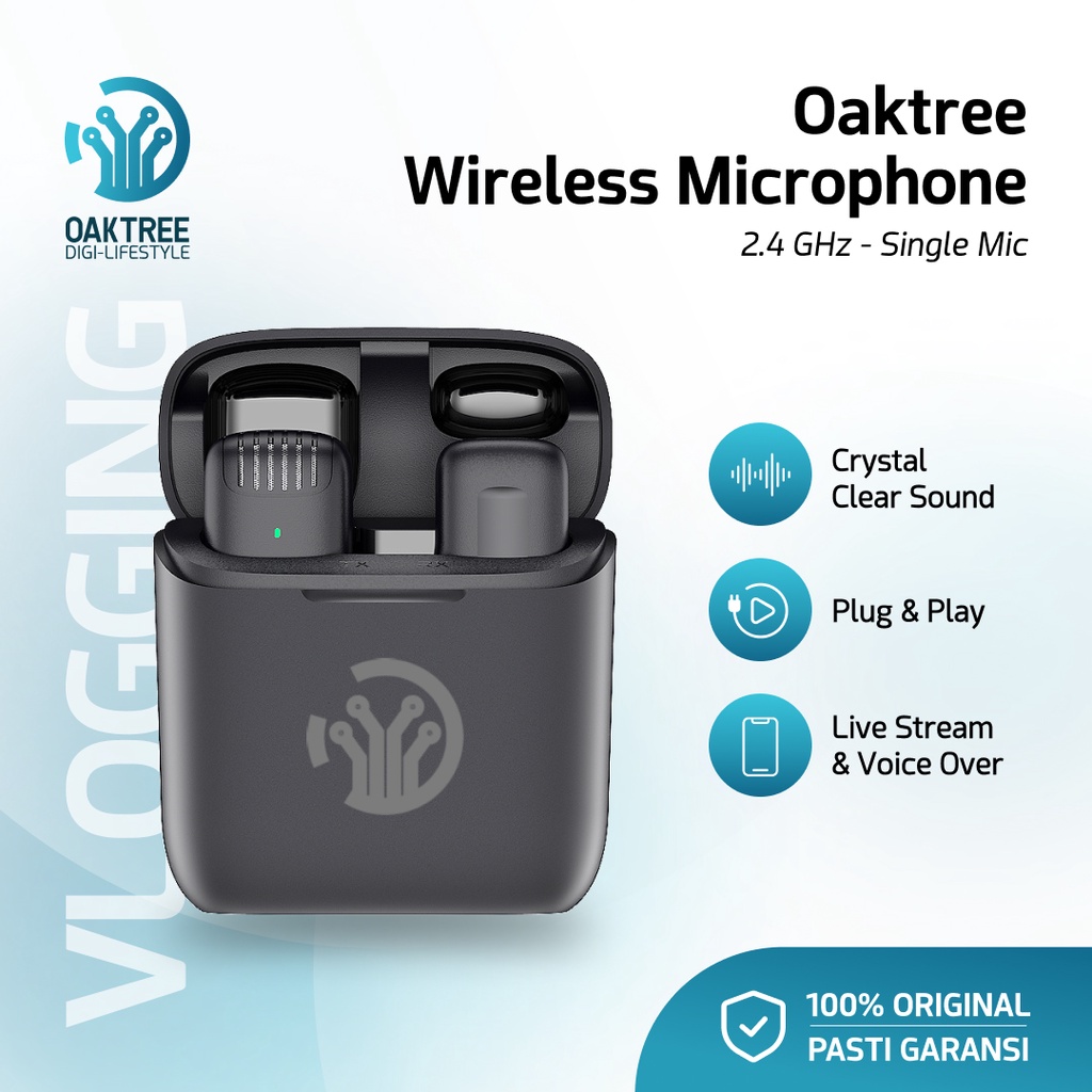 Oaktree Mic Wireless HP Vlog Youtuber Portable Microphone Mic Clip On Wireless USB With Charging Case  PC Laptop Zoom Webinar Podcast Teleconference Meeting