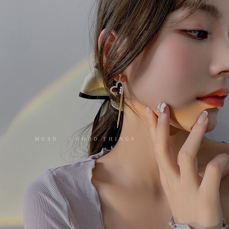 YEEZII Fahsion Anting Tusuk Emas Wanita Elegan Berongga Hati Drop Rumbai Earring Aksesoris Perhiasan