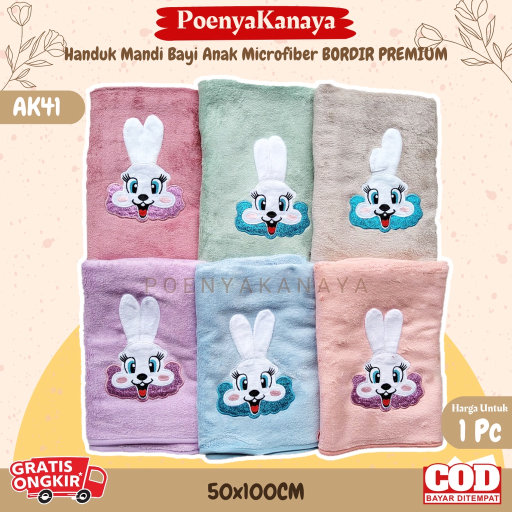 Handuk Mandi Bayi Anak Microfiber BORDIR PREMIUM Kuping Timbul AK41