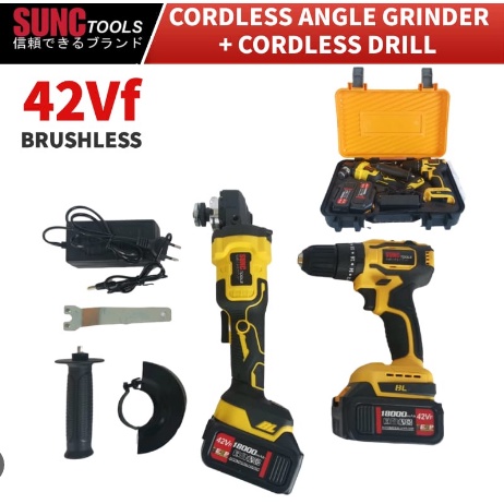 SUNC TOOLS Paket Mesin Gerinda + Bor Cordless Brushless 42Vf / APR