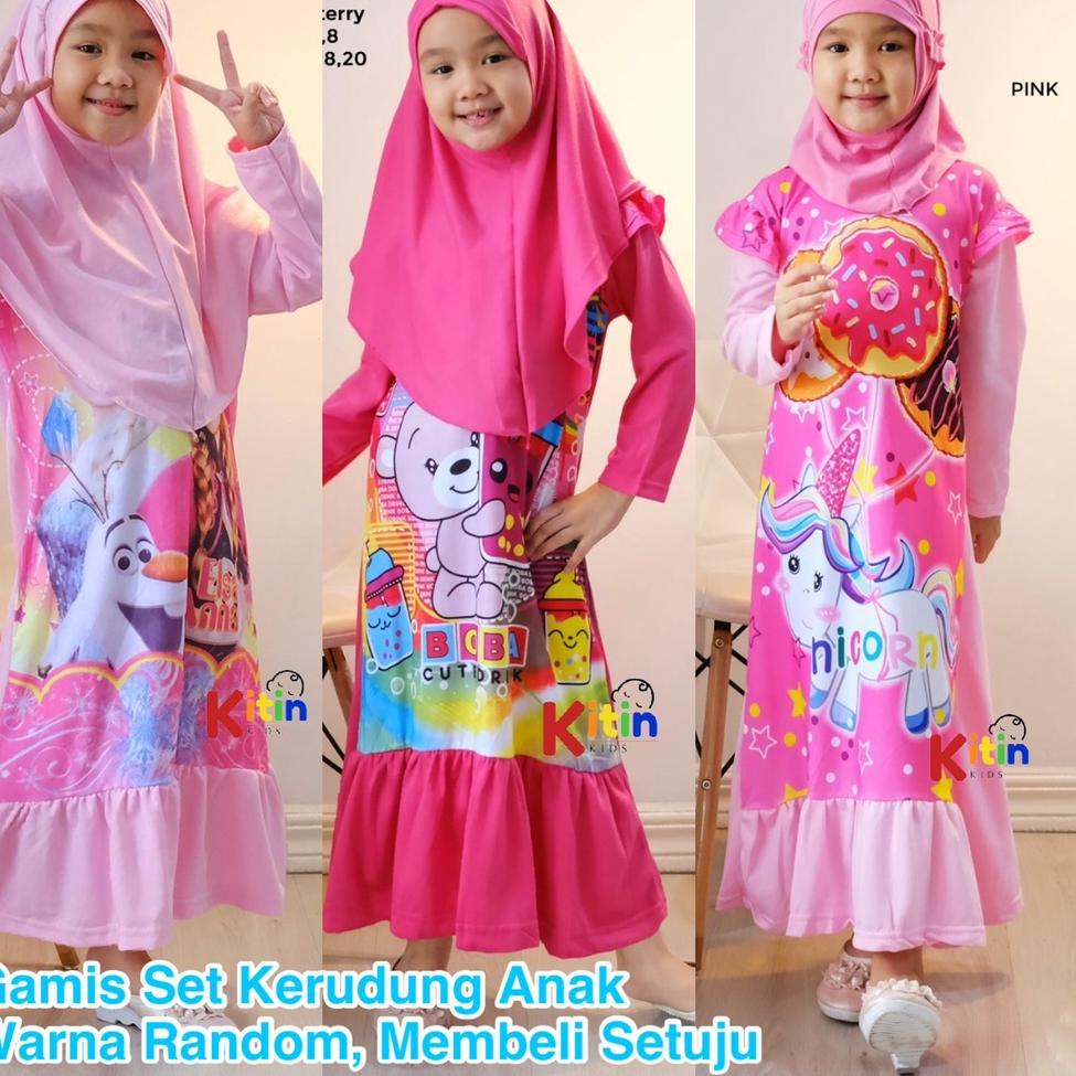 LANGSUNG KIRIM OP - GAMIS ANAK PRINTING SET HIJAB 2-10 TAHUN/ BAJU NGAJI ANAK PEREMPUAN MUSLIM MOTIF