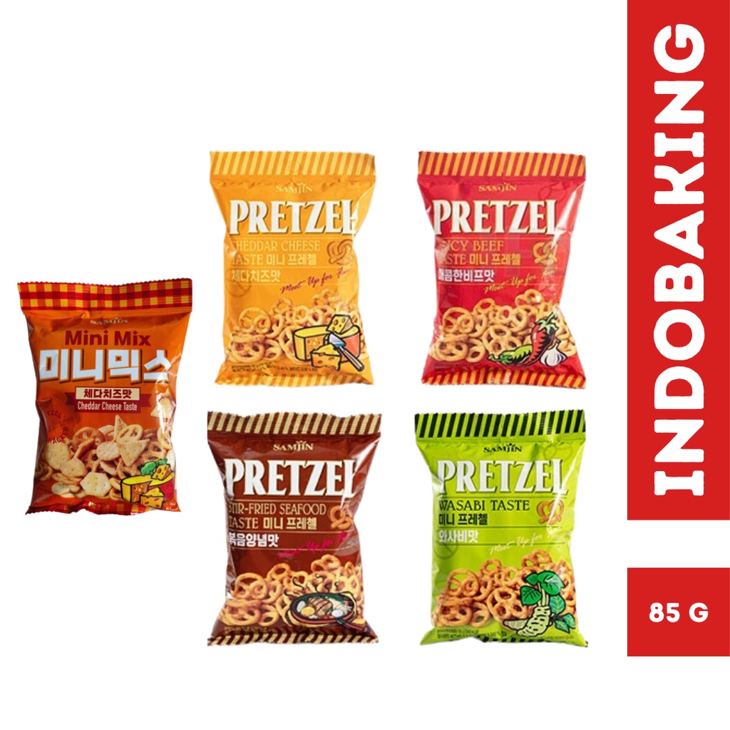 

Samjin Pretzel Snack Korea Cheddar Cheese Spicy Beef Stir Fried Seafood Wasabi Mini Mix 85g