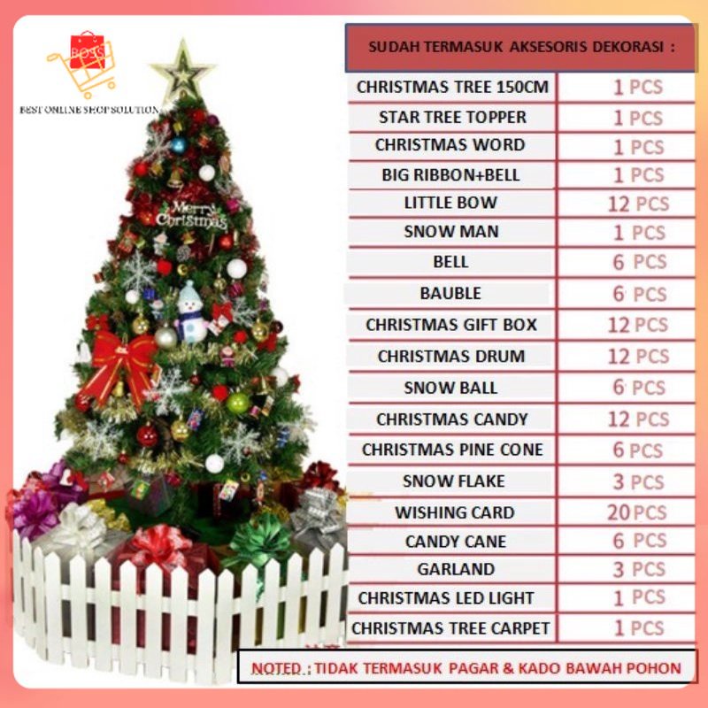 Pohon Natal Christmas Tree Besar Ukuran 150cm Komplit Dengan 18 Jenis Aksesoris Dekorasi Pohon