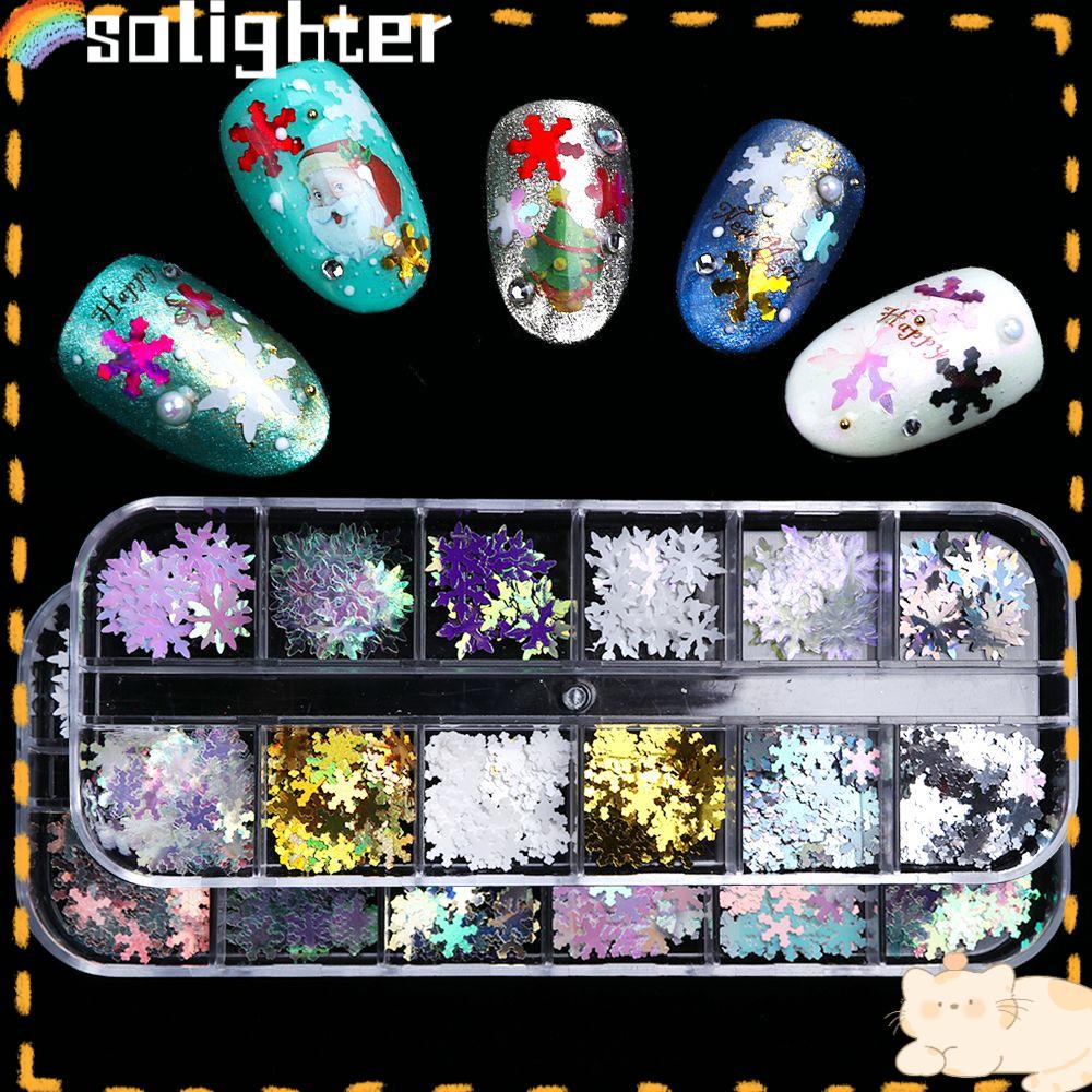 Solighter Snowflake Nail Sequin 3D Glitter Warna Campur Stiker Musim Dingin