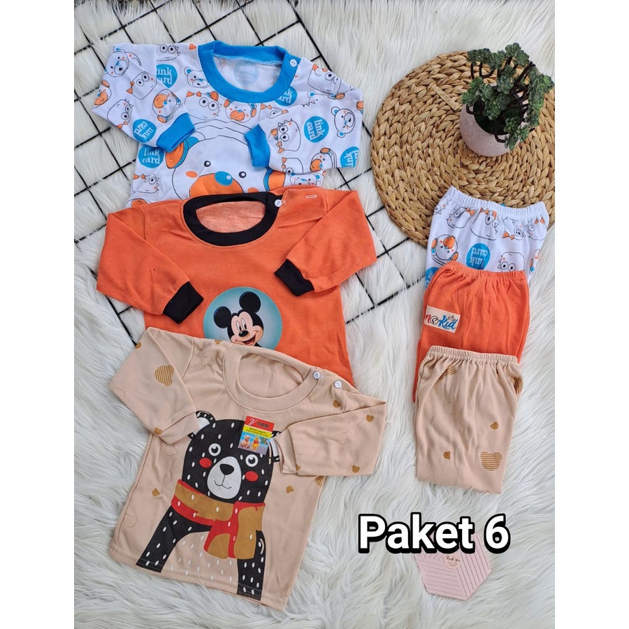setelan baju anak laki laki perempuan lengan panjang paket hemat lucu motif karakter 3-18 bulan