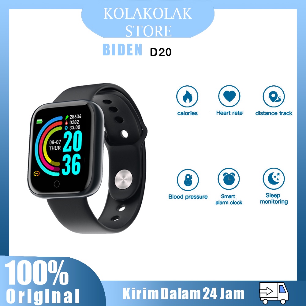 BIDEN Jam Tangan Pria/Wanita Smart Watch D20 Olahraga Kebugaran Tracker Denyut Jantung Jam Tangan Tali Silikon Anti Air Smart Watch