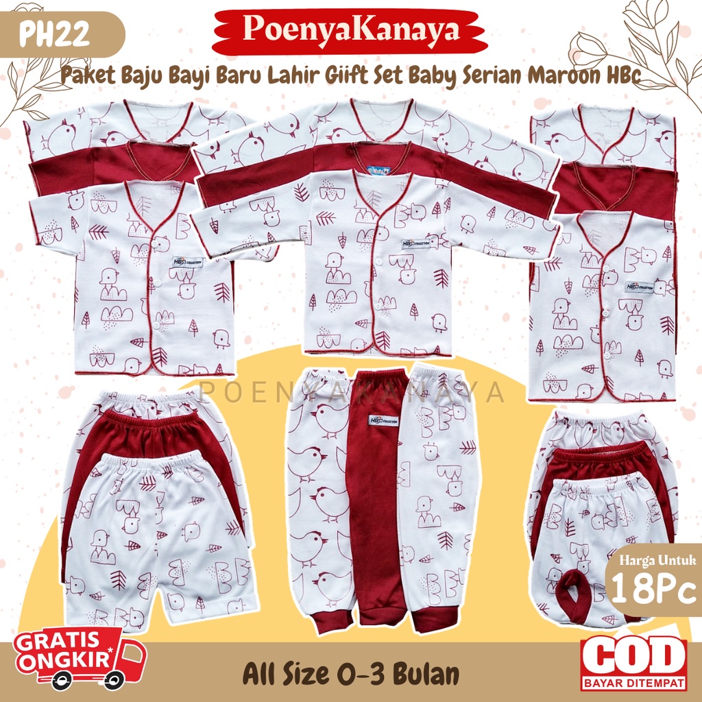 Paket 18pcs Setelan Baju Bayi Celana Bayi Baru Lahir Gift Set Baby Seri MAROON HBc PH22