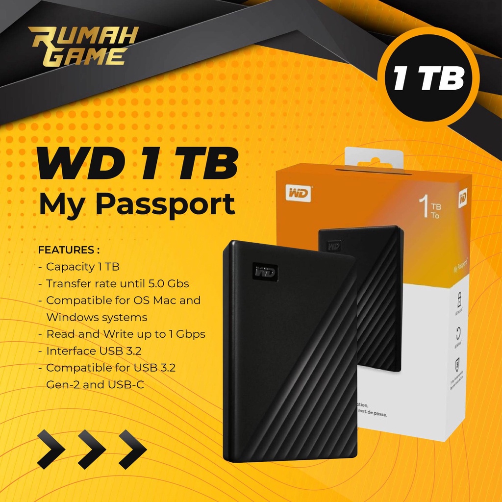 Hardisk Eksternal/External 1TB WD Passport HDD Portable Original 100%
