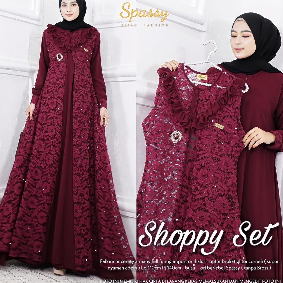 SPECIAL PRICE Shoppy Set 2 in 1 Gamis + Outher Busui Friendly Bahan Ceruty Full Furing mix Brukat IM