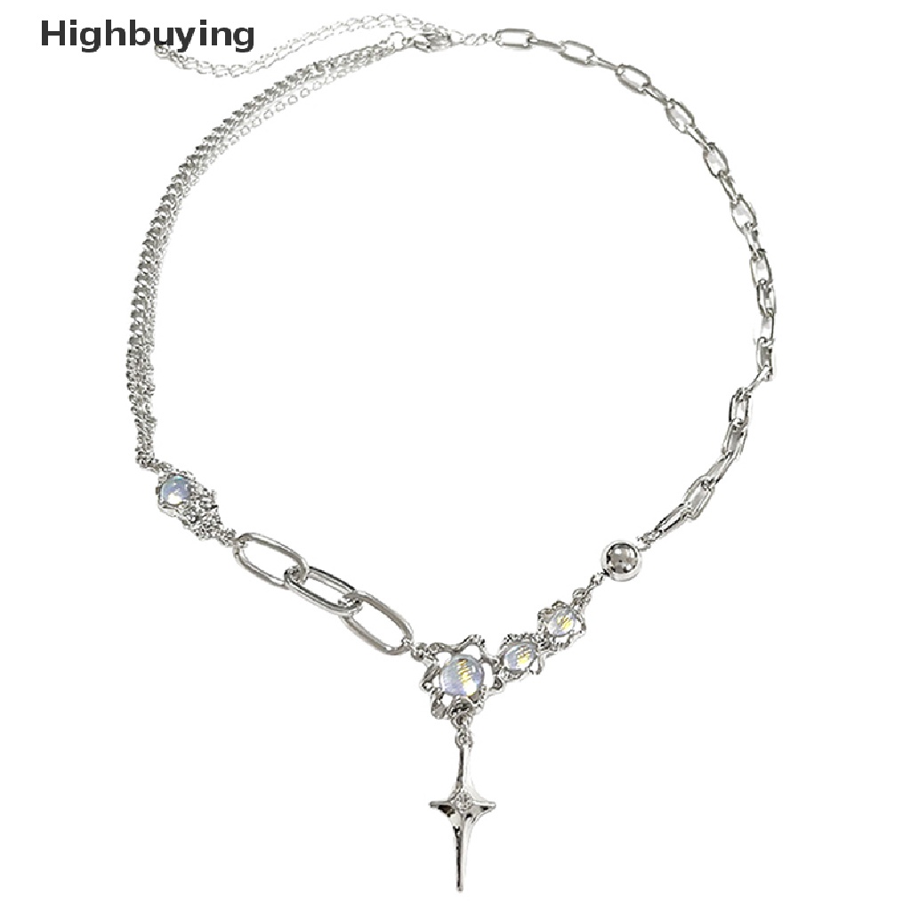 Hbid Kristal Bintang Miscanthus Moonstone Pendant Kalung Untuk Wanita Rantai Klavikula Geometris Tidak Teratur Vintage Cross Choker Perhiasan Aksesoris Glory