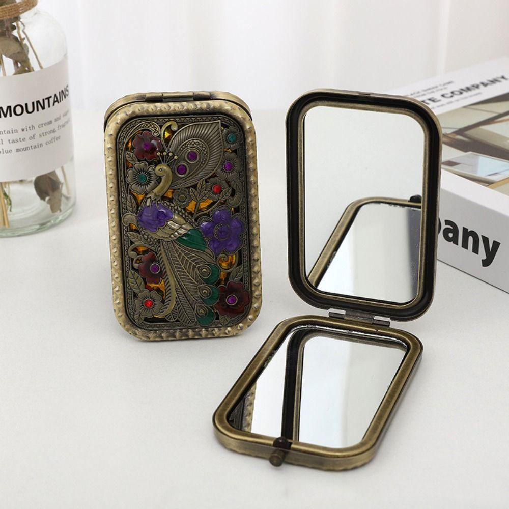 Augustina Cermin Rias Merak Berlian Imitasi Retro Hollow-out Hadiah Ukiran Vanity Mirror 2X Cermin Pembesaran Cermin Lipat Foldable