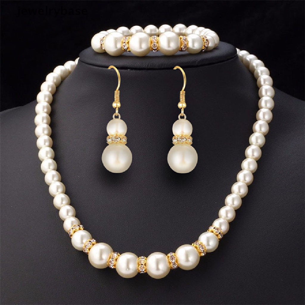 [jewelrybase] 3in1 Set Elegan Simulasi Mutiara Kalung Anting Gelang Panjang Kalung Wanita Pengantin Pernikahan Perhiasan Hadiah Butik