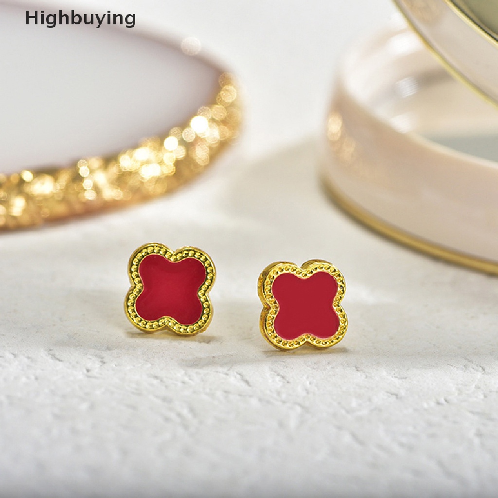 Hbid 1pasang Anting Semanggi Empat Daun Temperamen Hitam Sederhana Universal Stud Earring Set Untuk Wanita Sederhana Elegan Lucu Perhiasan Aksesoris Glory