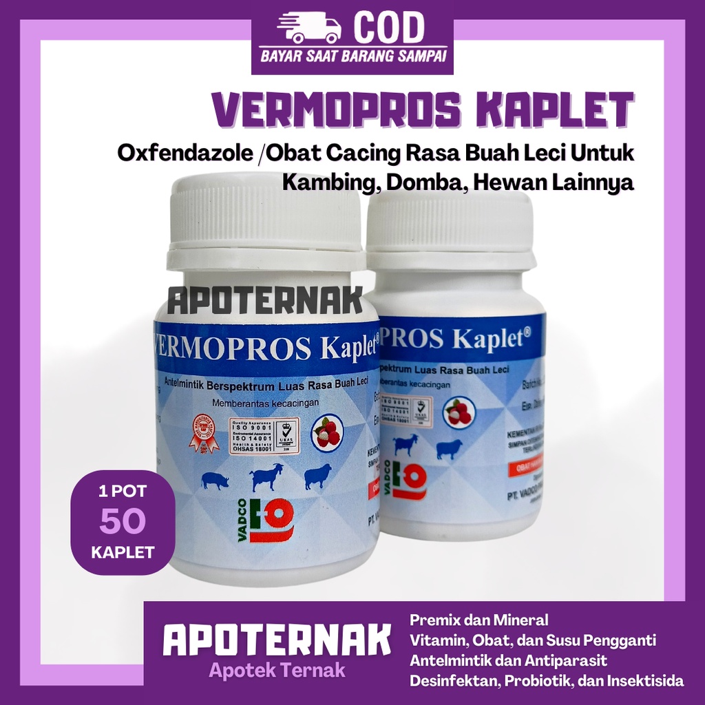 VERMOPROS Kaplet Isi 50 | Obat Cacing Spektrum Luas Untuk Kambing Domba Babi Rasa Buah Leci | VADCO