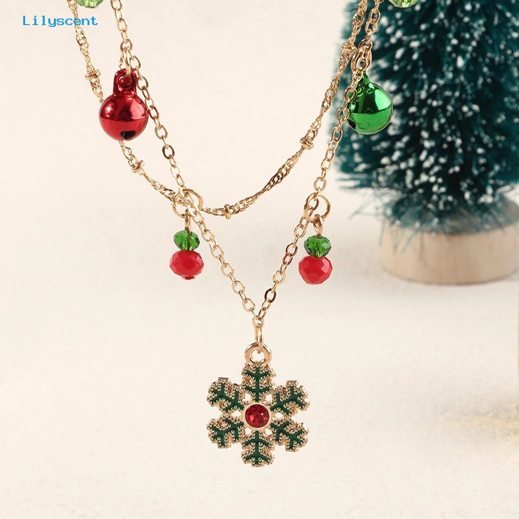 [LS] Wanita Kalung Double Layer Warna-Warni Lonceng Kristal Imitasi Meriah Electroplating Adjustable Dekorasi Hadiah Tahun Baru Natal Snowflake Pendant Rantai Klavikula Perhiasan Pesta