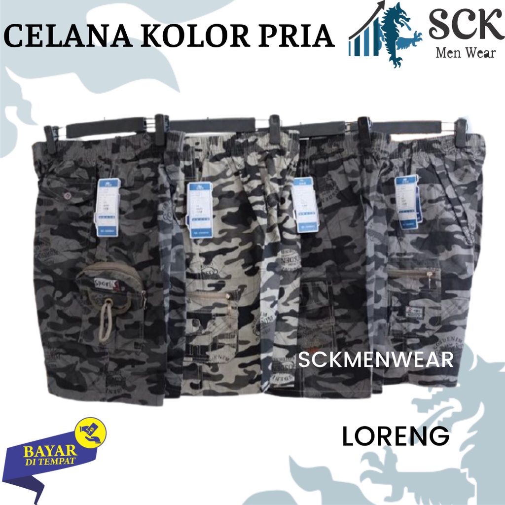 Celana Kolor PENDEK Pria HD Motif LORENG 501 ukuran JUMBO Cargo / Celana Karet DORENG Size XL-6XL  - sckmenwear GROSIR