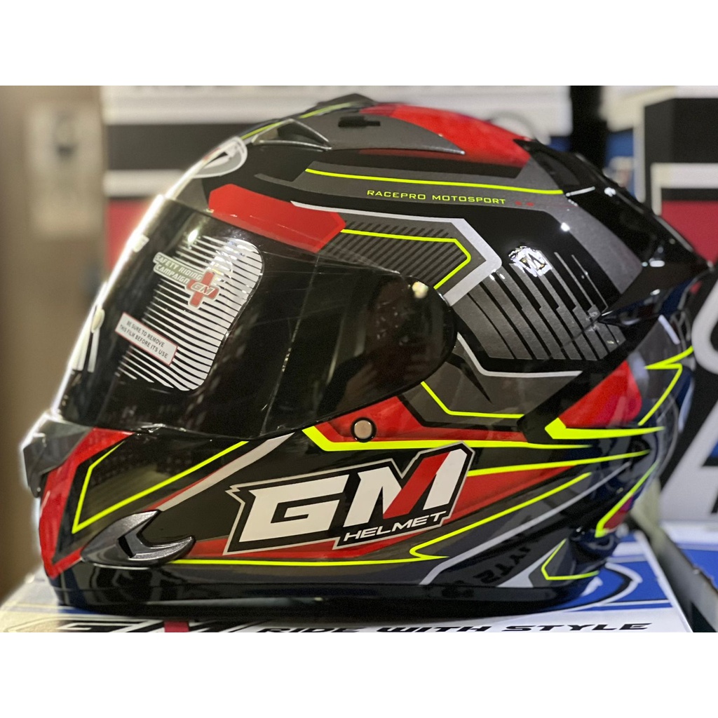 Helm GM Race Pro Tuner Black Red Glossy Full Face Single Visor Smoke Helem Motor SNI Touring Dewasa 