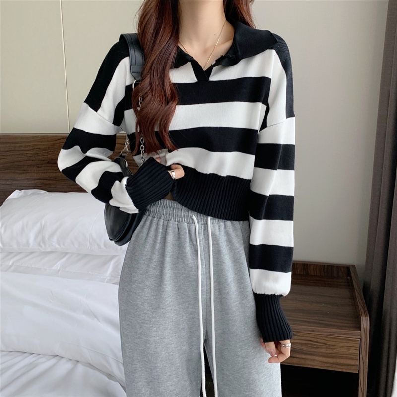 Kemeja Stripe Rajut Wanita Lengan Panjang Sweater Wanita Oversize Style