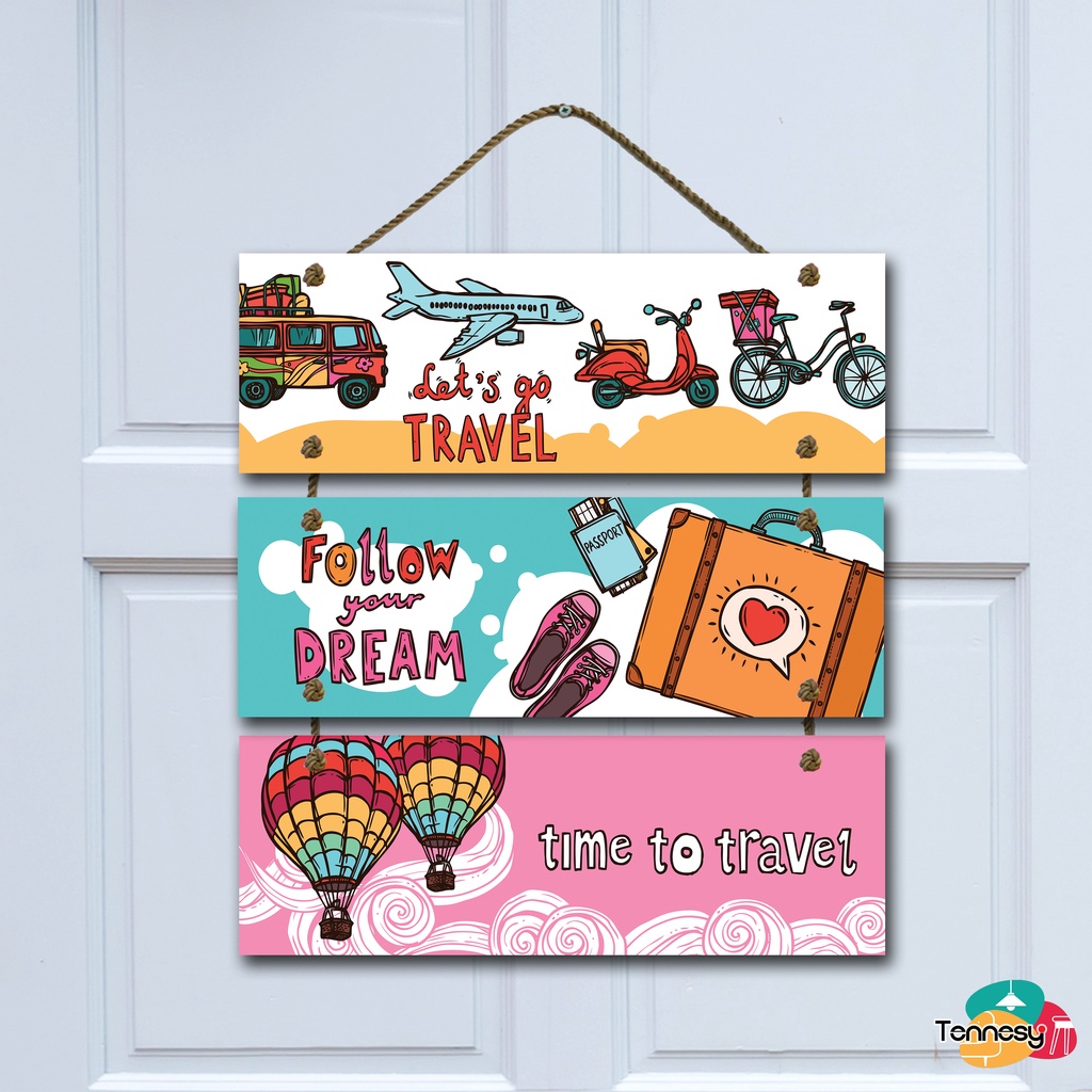 TENNESY Hiasan Dinding Pintu Lets Go Travel 3 Susun Dekorasi Dinding Dapur Kitchen Pajangan Kayu Poster Dekorasi Rumah