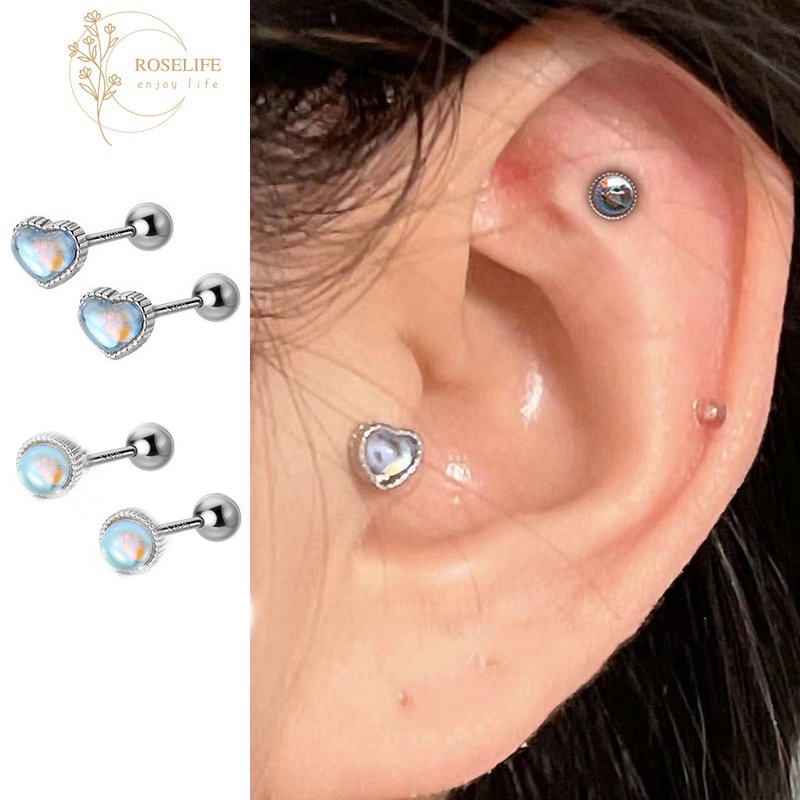 Roselife 2pcs Halus Glossy Fancy Blue Moonstone Heart Double-head Screw Earrings Untuk Wanita Perempuan Kecil Peach Stud Earring Perhiasan