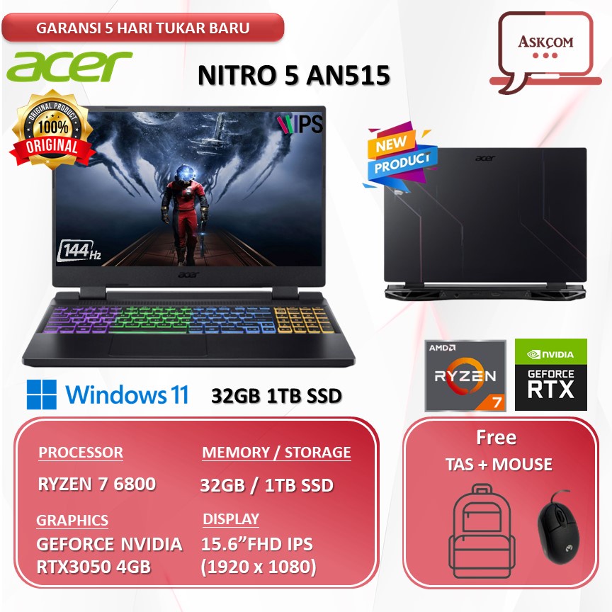 Laptop Gaming Acer Nitro  5 AN515 RTX3050 4GB RYZEN 7 6800 RAM 32GB 1TBSSD 15.6FHD IPS 144HZ W11PRE