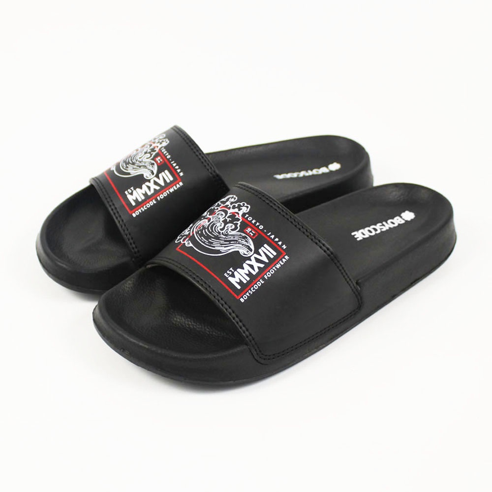 Sendal Slop Pria Wanita BOYSCODE Japanesse Wind Black Hitam / Slide Pria / Slip On Pria / Sendal Cowok / Sendal Cewek